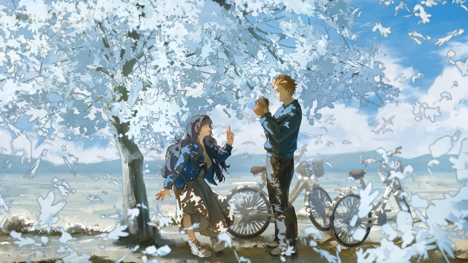 Illustrazione originale di due persone sotto un albero in fiore bianco accanto a biciclette e un lago