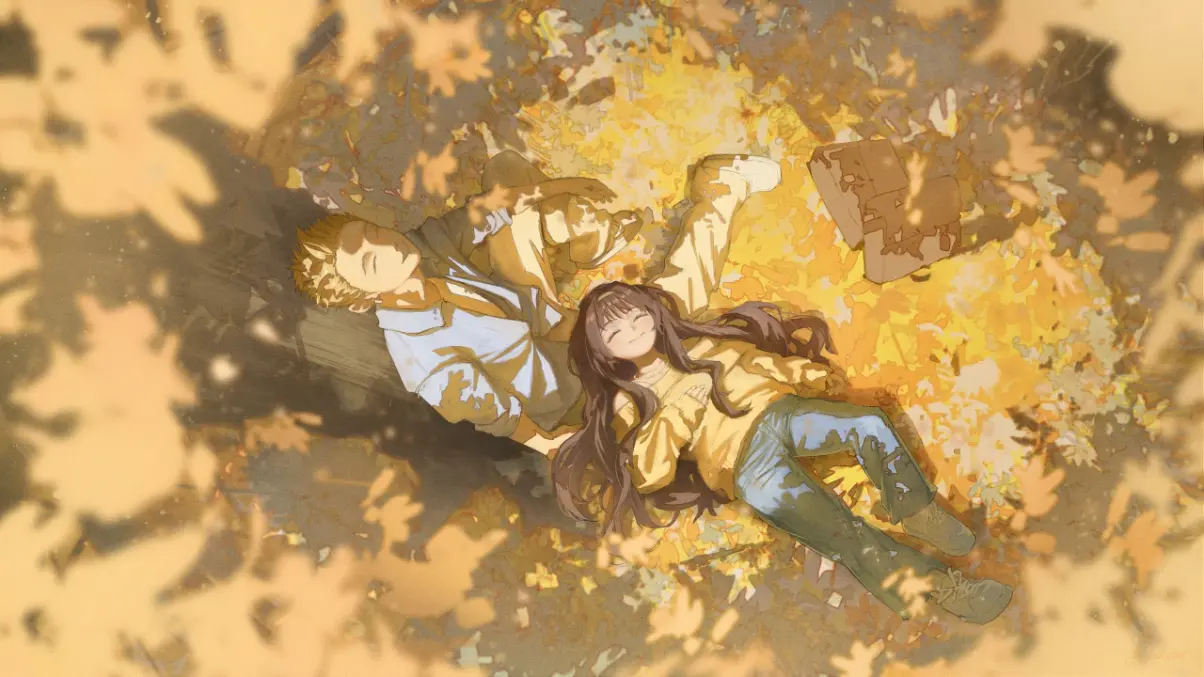 Original illustration — a character resting among fallen golden leaves beneath golden autumn trees.