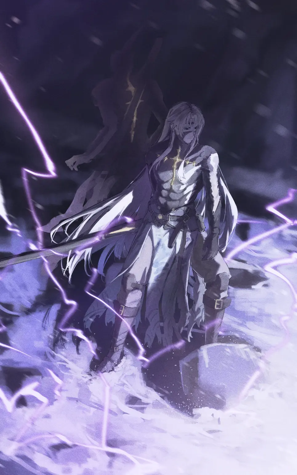 Original illustration — a purple-and-white character wreathed in lightning over water.