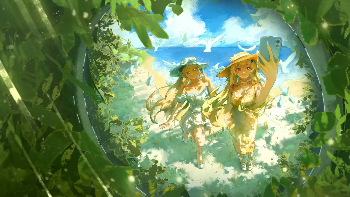 Original illustration — two girls taking a selfie amid lush greenery, blue sky behind them.