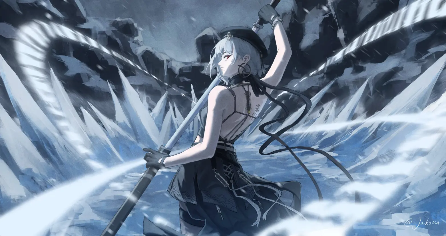 Original illustration — a girl with a spear in a cool, ice-blue battle scene, an overall blue hue.