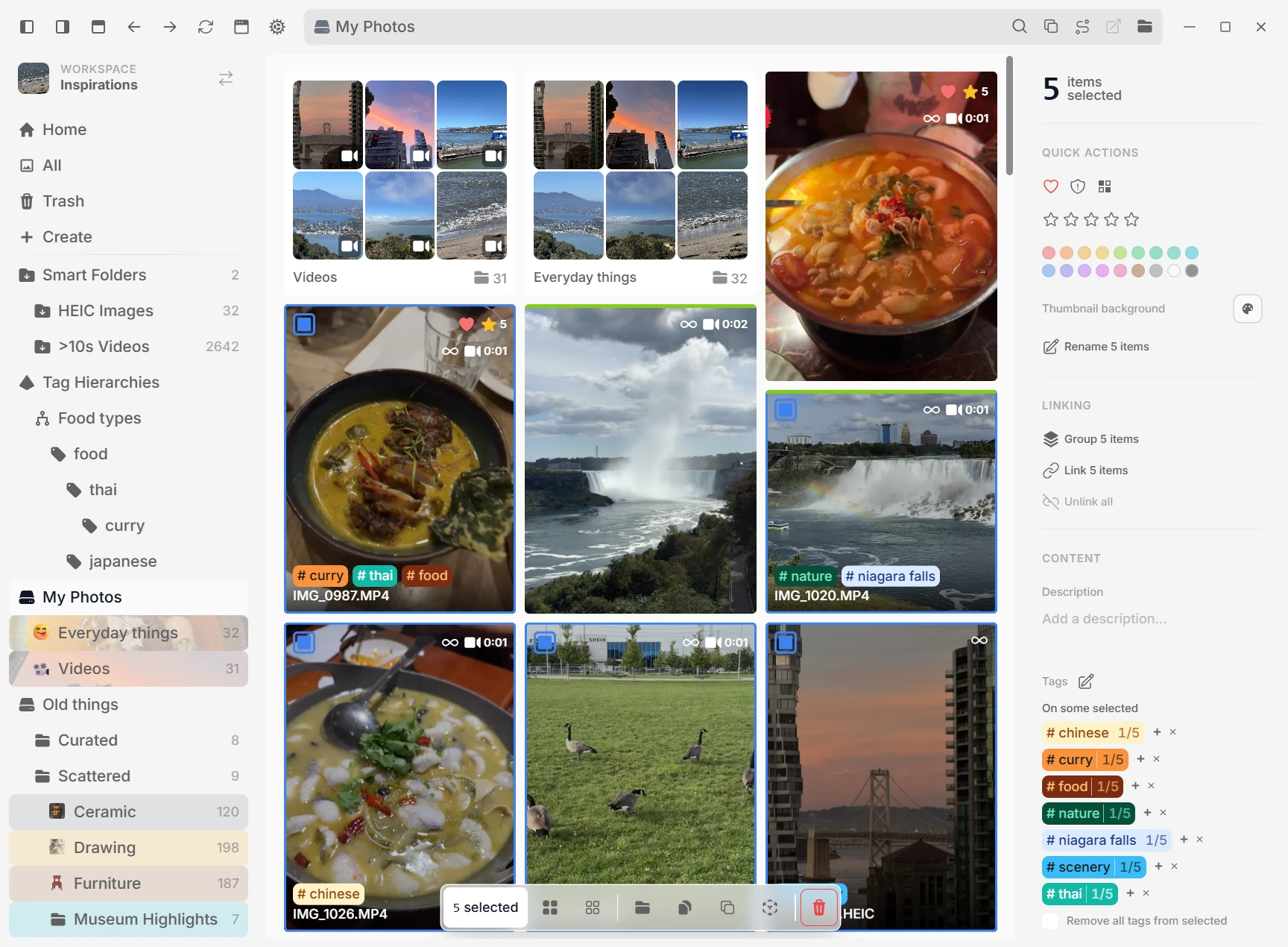 A light-mode refern library with food and travel images, folders, and tags.